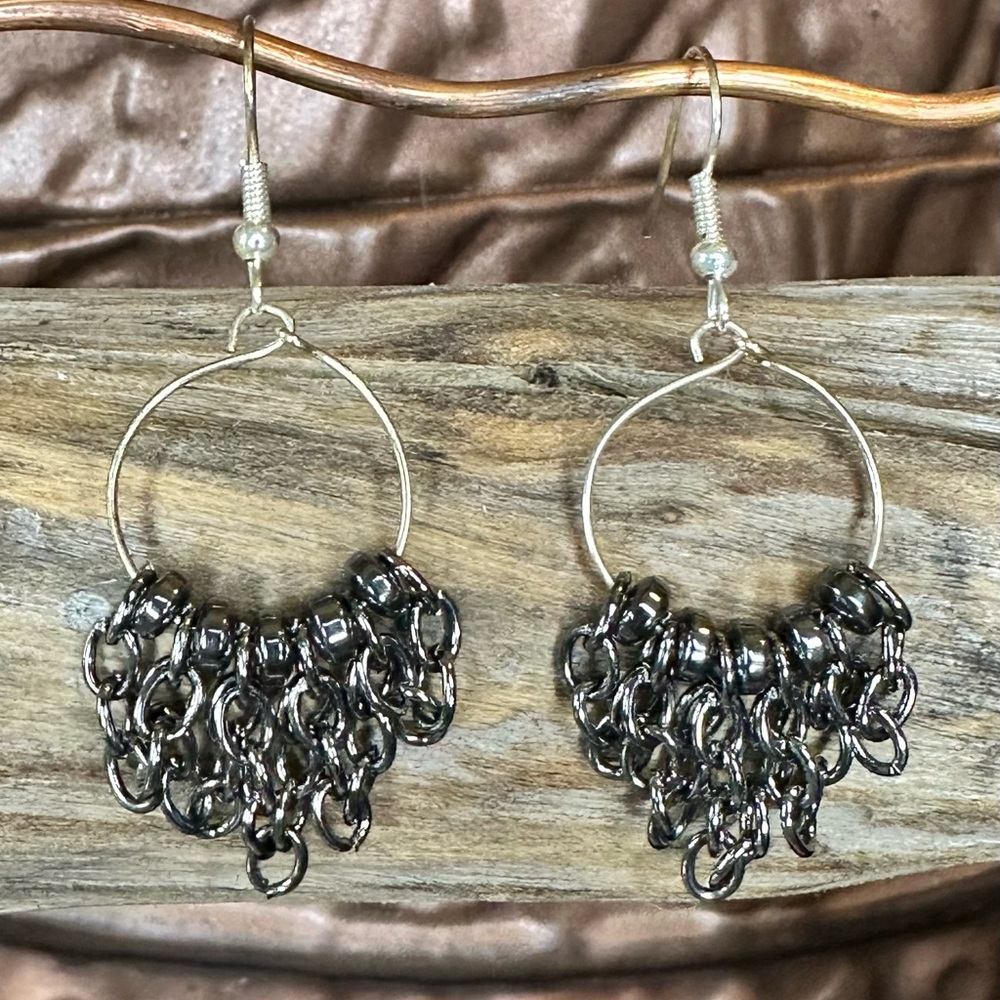 Silver and Gunmetal Chandelier Earrings with Cascading Chains - Handmade